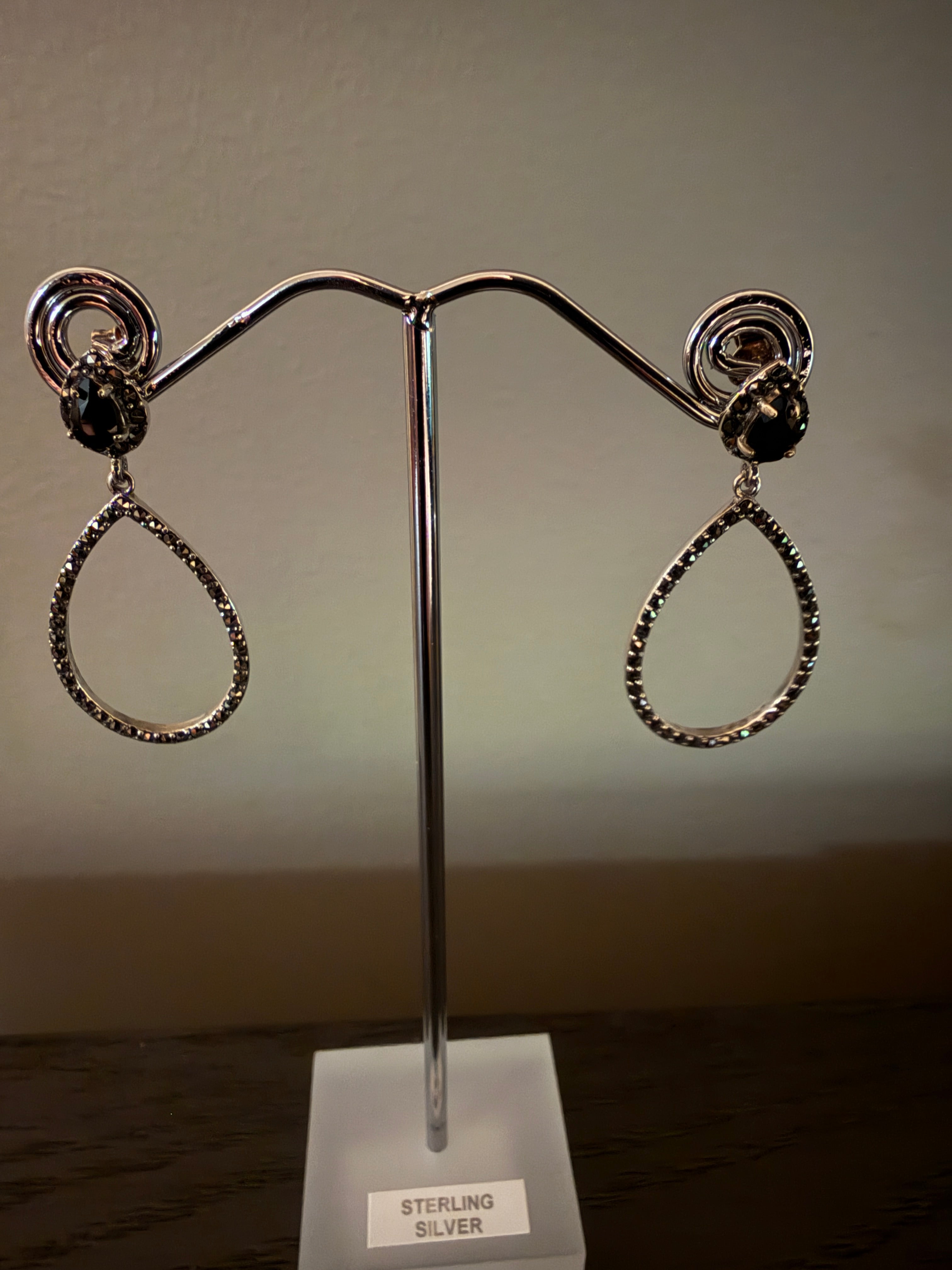 Black Onyx & Marcasite Sterling Silver Drop Earrings