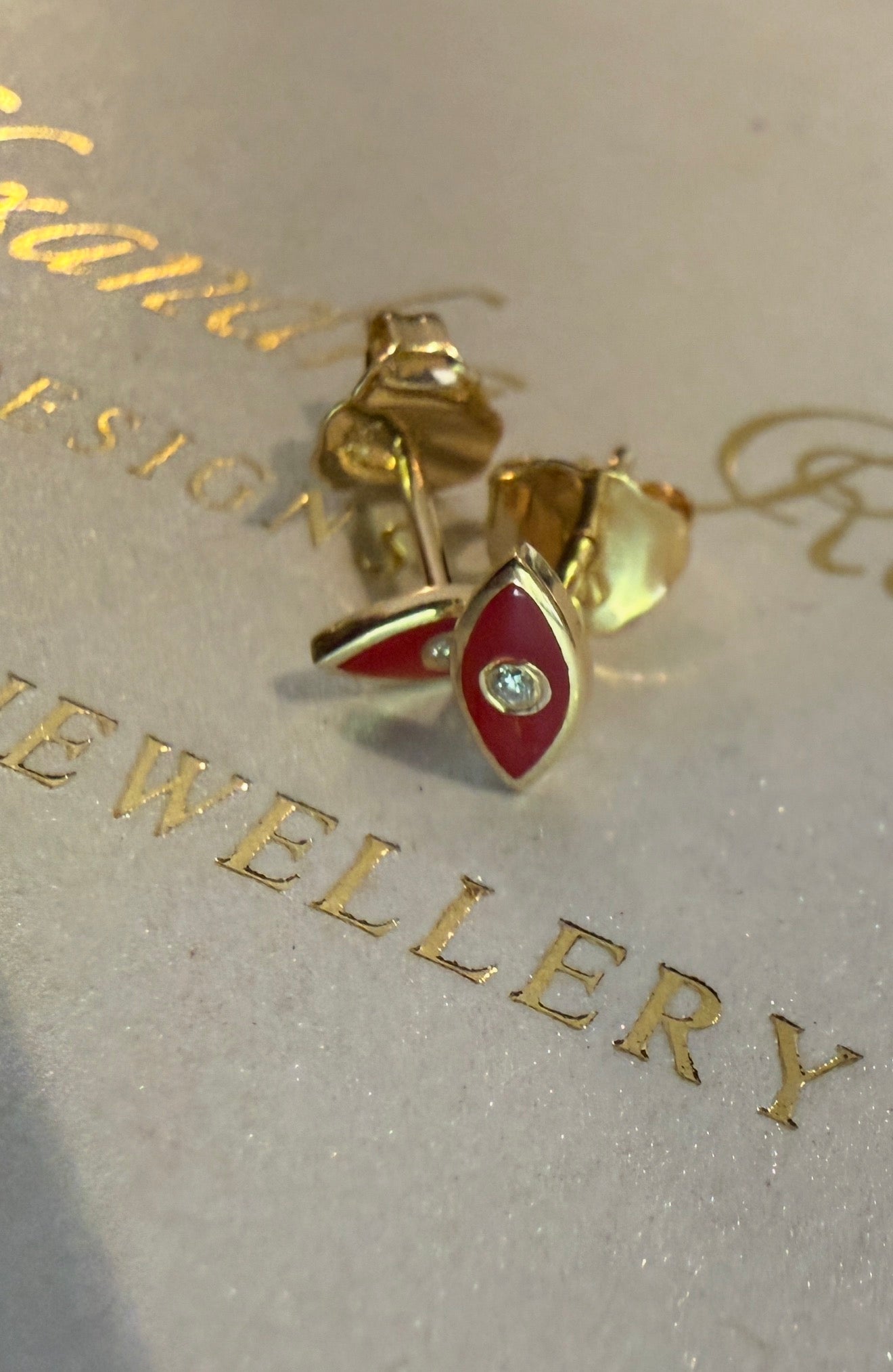 10kt Yellow Gold Red Enamel and Diamond Stud Earrings