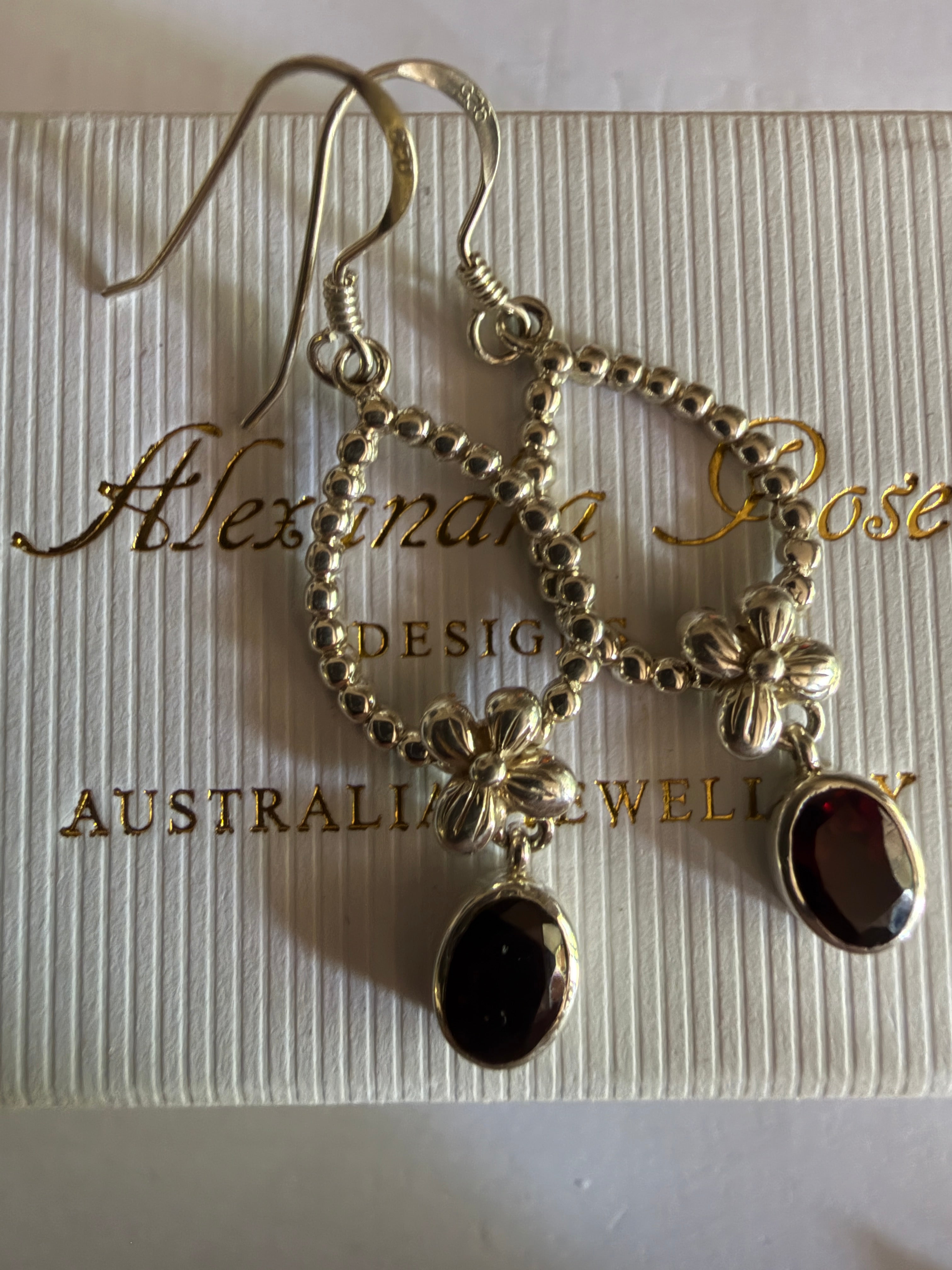 Sterling Silver Garnet Floral Drop Earrings — Last Pair