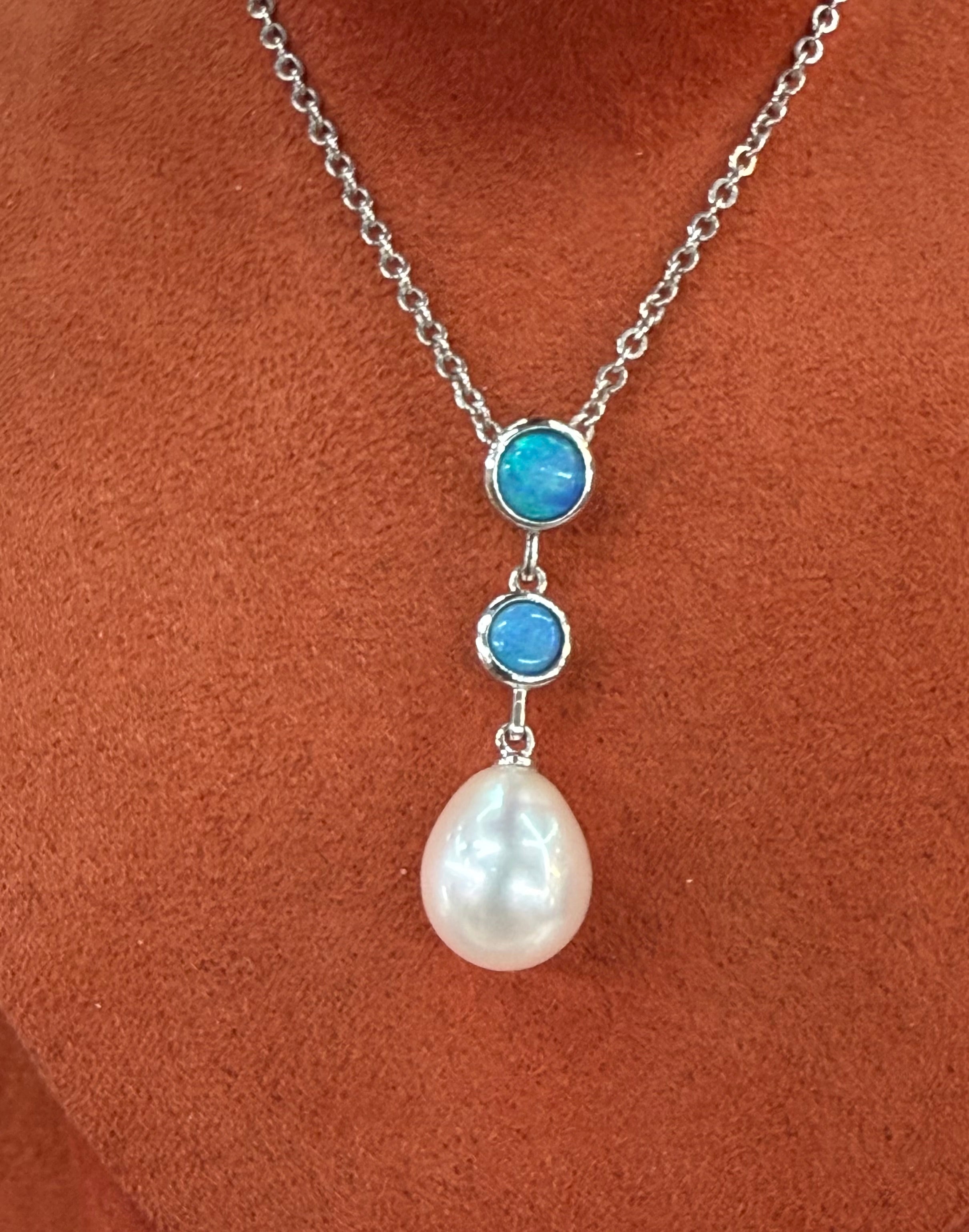 Australian solid opal & Freshwater pearl pendant Necklace
