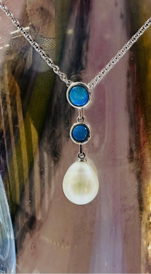 Australian solid opal & Freshwater pearl pendant Necklace